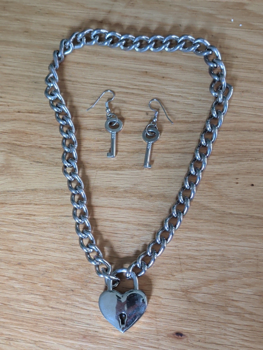 Silver Heart Lock Pendant Necklace with Key Earrings - Women Jewelry
